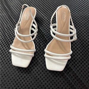 Alfani Women's Paulina Open Toe Ankle Strap Kitten Heels in white leather